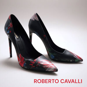 Roberto Cavalli Floral Print Red Blue Gray Pointed Toe Heels Shoes Pumps